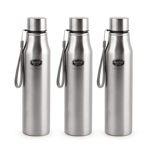CELLO Swan Stainless Steel Water Bottle Set of 3 Pcs, 900 ml Each Silver | ISI Certified, Single Wall, Leakproof, Rust Proof | Airtight Fridge Safe St