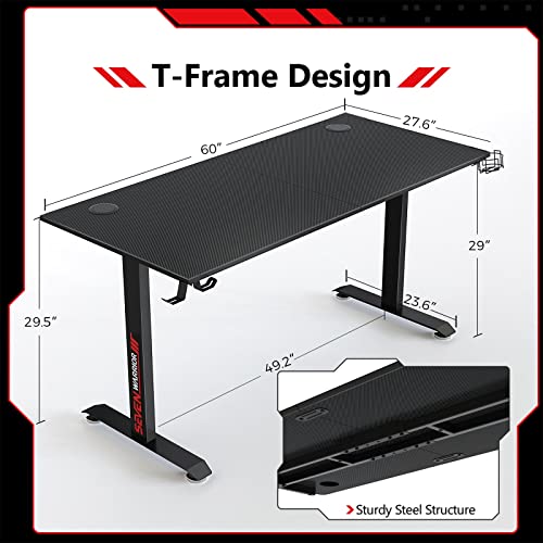 Seven Warrior Gaming Desk 60 Inch, T- Shaped Carbon Fiber Surface Computer Desk With Full Desk Mouse Pad, Ergonomic E-Sport Style Gamer Desk With Double Headphone Hook, Usb Gaming Rack, Cup Holder #TOP2