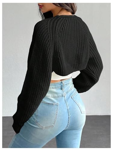 GORGLITTER Women's Long Sleeve Bolero Shrug Open Front Knit Cropped Cardigan Sweater Shrugs Petite-Black Petite-S2