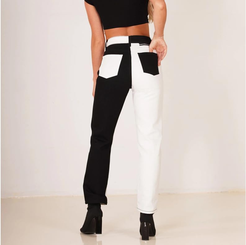 THLAI Pants for Women Jeans Two Tone Patchwork Straight Pants High Waisted Spring Winter Trousers2