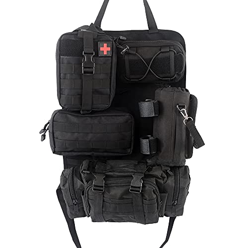 Universal Tactical Vehicle Seat Back Organizer with 5 Detachable Molle Pouch, Medical Pouch Water Bottle Pouch, 3 Different Size Admin Panel Storage Bag with Multi-Pocket
