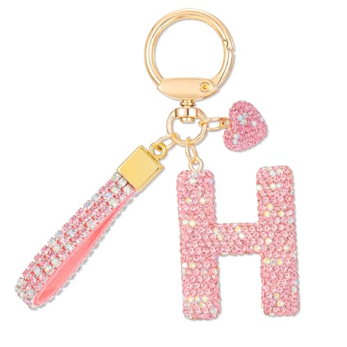 MWOOT Rose Voiture Porte clés Cadeau pour Femmes Filles Initial Lettre Porte-clés Mignon Bling Lettre Pendentif pour Sac à main Charms, Lettre H