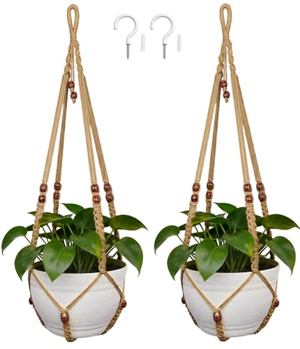 HOREAKHJ 35 Inch Macrame Plant Hanger, Large for up to 15 Inch Pot Extra Long Hanging Planter Holder Basket with Wood Beads for Indoor Outdoor Home Decor (Brown, 2-Pack)