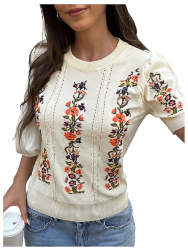 SHENHE Womens Lightweight Embroidered Sweater Floral Crew Neck Cable Knit Top Apricot Small