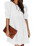 Dokotoo Womens Dresses Crewneck Bubble Puff Sleeve High Waisted Solid Color Fashion Casual Buttons Loose Fit Sundresses Flowy Swing Mini Dresses for Women White Large