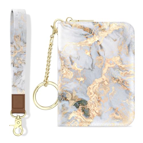 Image of Aiawoxc Credit Card Holder, Small RFID Wallet Slim Leather Card Organizer Case with Zipper and Wristlet Strap, Grey Marble