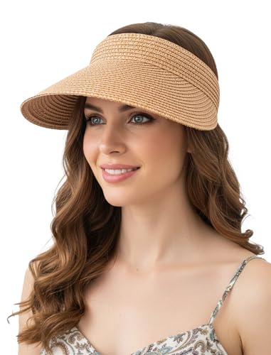 CHUNG Women Visor Sun Hat Paper Straw Wide Brim Adjutable Ponytail Packable Beach Holiday Summer Travel Visor Khaki