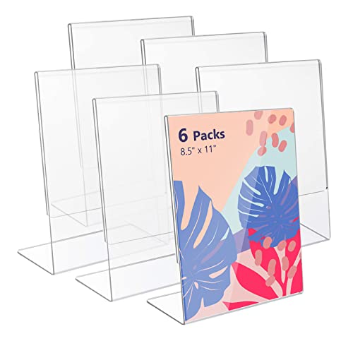 Vzino Acrylic Sign Holder 8.5 X 11 Inches Slanted Back, Clear Plastic Display Stand Table Top Sign Holder For Office, Home, Store, Restaurant (6 Pack) #TOP6