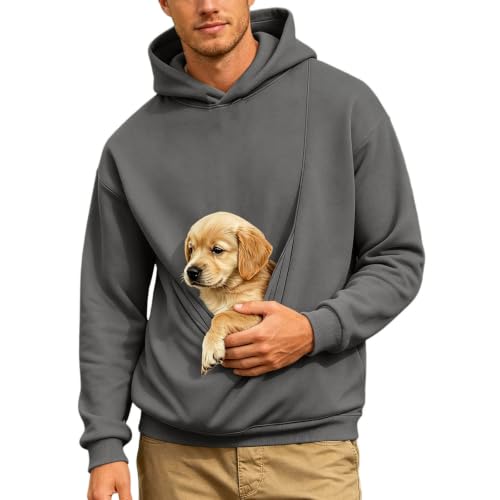ZGTWHZY Sweatshirt With Dog Pouch,Mens Pet Pouch Hoodie With Pouch Kangaroo Dogs Cats Animal Holder Carrier Fall Winter Fleece Long Sleeve Hooded Pullover Sweatshirt,B-Dark Gray,XXL — view 2