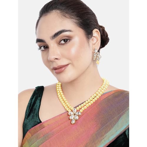 Image of Peora Crystal Faux Pearl Kundan Necklace & Jewellery Set Gift for Women