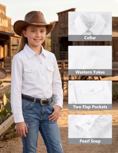 Image of Noomelfish Girls Long Sleeve Western Pearl Snap Button Down Shirt Cowgirl Outfits Blouse Tops (5-14 Years)