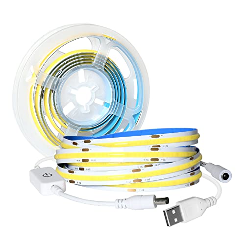 5 V USB COB LED pásky studená bílá 6000 K, 2 M/640 LED, stmívatelné LED pásky se stmívačem, CRI90+, flexibilní světelné pásky pro podsvícení TV, skříň, šatní skříň, domácí dekorace