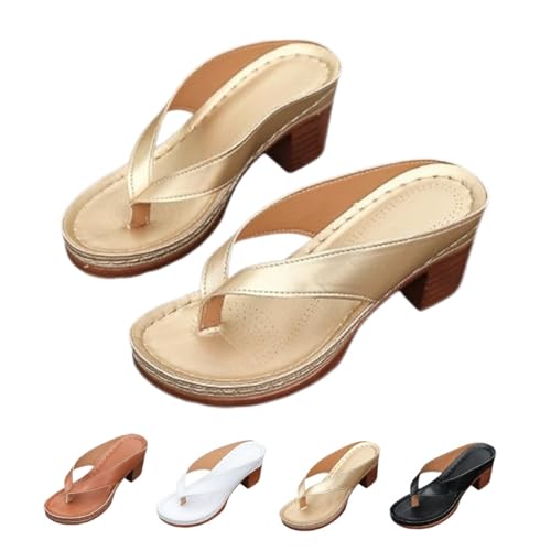[LIAOCHEN] 2025 Women's Solid Color Summer Chunky Heel Sandals, Casual Square Toe Flip Flops Shoes Wedges, Beach Flip Flops (Gol