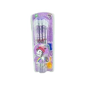 FULLKART Unicorn Stationery Set of 12 HB Pencils, Sharpener, Eraser & Pencil Cap | Birthday Return Gift |School Supply Set (Purple)