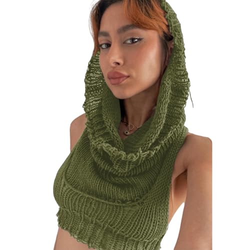 Image of Women's Knitted Hoodie Sweater Vest Sexy Sleeveless Hollow Out Hooded Crop Top Draped Sweatshirt Streetwear