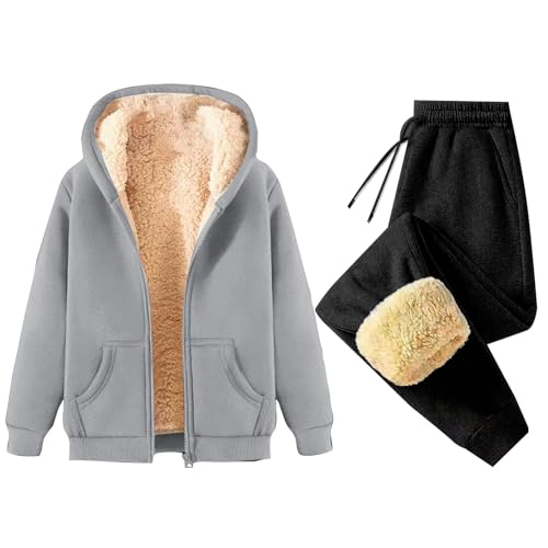 Conjunto de chándal deportivo para mujer, polar, invierno, con cremallera, de felpa, color liso, ropa deportiva, mangas largas, jogger, 2 piezas, elegante, conjunto de sudadera con capucha y