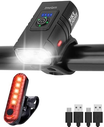 tmelam USB Rechargeable Bike Light Set Front and Rear, LED Aluminum Bicycle Headlight, Bike Head Light, Cycling Front Rear Lamp, Waterproof, LED 1200 LM (1 Front 1 Rear)