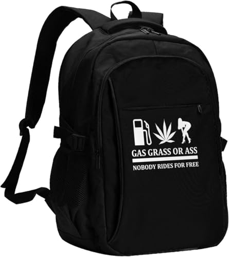 MUSM Gas, Grass Or Ass Nobody Rides for Free Funny Travel Laptop Backpack Bag with USB Charging Port 17 Inch Large