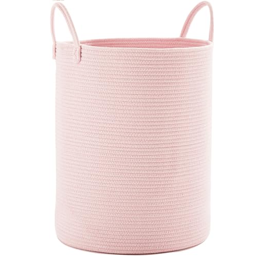 MOJOSCEND Large Pink Laundry Basket 15x20 Inches, 60L Woven Rope Hamper for Baby Girls and Kids, Tall Nursery Storage Bin, Kawaii Bedroom Laundry Hamper by MOJOSCEND - Used condition - US$19.04