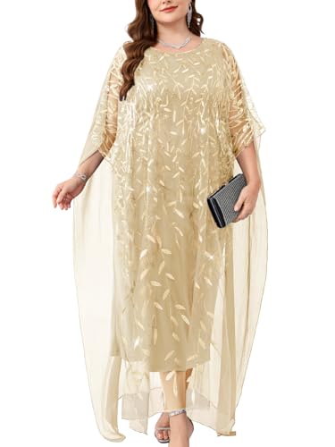 Image of Plus Size Sparkly Formal Evening Gown Sequin Cape Overlay Mother of Bride Dress Wedding Guest Cocktail Party
