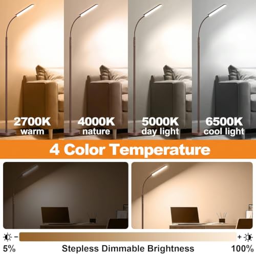 Image of marctronic Vintage Brown Floor Lamp, 18W 1800LM Super Bright LED, Stepless Dimmable & Timer, Eye-Caring Reading Lamp for Living Room /Bedroom /Office