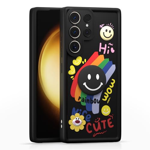 Image of Pikkme Back Cover for Samsung Galaxy S23 Ultra 5G | Soft Silicone| Cute Rainbow Smile & 3D Cartoon Flower Design | Shockproof Raised Camera Protection Bumper Case (Black)