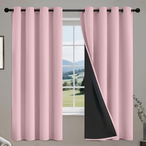 Image of COSVIYA 100% Pink Blackout Curtains for Kids Room 63 Inches Length | Room Darkening Light Blocking Drapes for Bedroom, Grommet Thermal Insulated Window Panels with Black Liner, W52xL63,2 Panels
