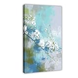 Framed Abstract White Blossom Branch Canvas Wall Art, Aqua Blue Watercolor Splash Floral Painting Print, Modern Minimal Botanical Decor for Bedroom 12x18inch(30x45cm)