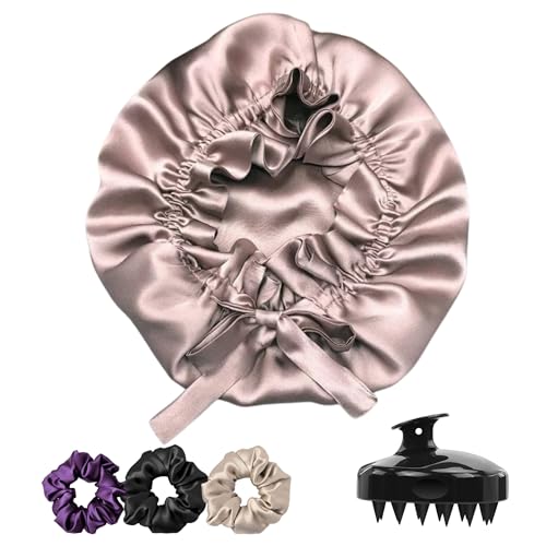 Image of Atrube's Silk Satin Hair Bonnet Reversible with Adjustable Tie Band Wrap Satin Wrap with Hair Scalp Massager Shampoo Brush and 3 Scrunchies (Beige)