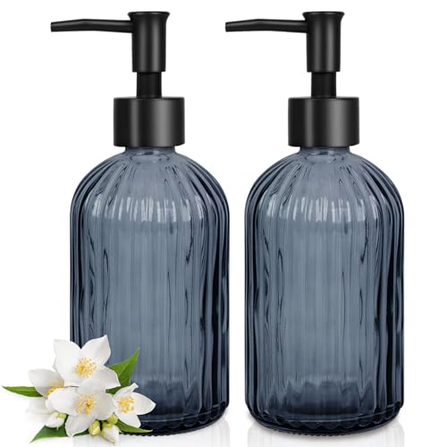2 Pack Stripe Glass Soap Dispenser with Black Plastic Pump, 400ml Liquid Hand Soap Dispenser, Rustproof Pump for Kitchen & Bathroom, Great for Lotions, Essential Oil, Liquid Soaps- (Grayish Blue)