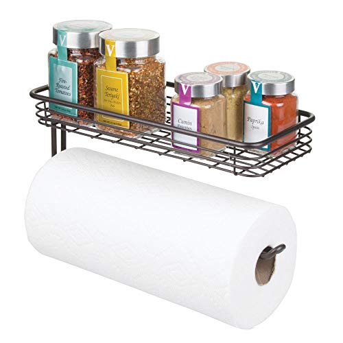 mDesign Paper Towel Holder with Spice Rack and Multi-Purpose Shelf - Wall Mount Storage Organizer for Kitchen, Pantry, Laundry, Garage - Durable Metal Wire Design - Bronze