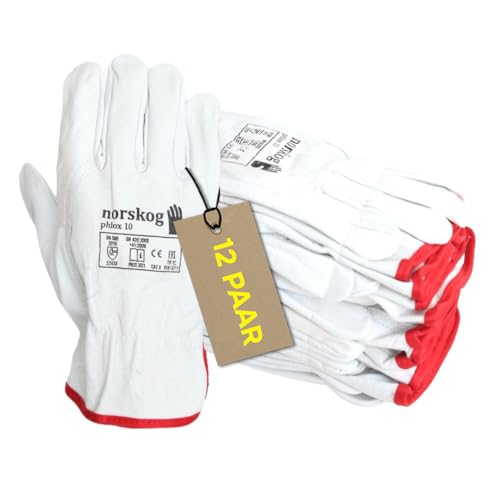 norskog PHLOX - Schutzhandschuhe 12 Paar Elastische Band Kanadischer Handschuhe aus Rindsleder Arbeitshandschuhe für Fahrer & Montage ISO, CE PSA CAT II, EN 420, EN 388 (12,10)