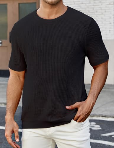 Mens Casual Knit T Shirt, Short Sleeve Waffle Shirts, Crewneck Summer Sweater T-Shirt2