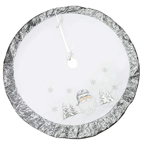 WEWILL 48'' Large Luxury Silver Santa Claus Christmas Tree Skirt Embroidered with Satin Border Snowflake Xmas Holiday Tree Mat Party Supplies