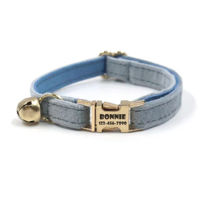 Customized Soft Artificial Velvet Cat Collar, Personalized Cat Tag, Laser Engraved Metal Button Cat Collar, Neck Circumference 0.6-1.2 inches (Haze Blue)