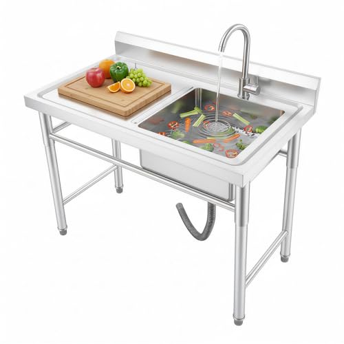 ACROSSPART Edelstahl Küchenspüle Spültisch, Gewerbliche Freistehend Spülbecken-Set, Multifunktionswaschtisch mit Ablaufsieb und Wasserhahn, 100 * 60 * 93cm