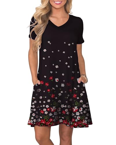 Image of COSSEN Women's Casual T Shirt Dress V-Neck Short Sleeves Swing Dresses Birthday Party Summer Travel Beach with Pocket