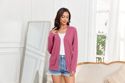 Image of Women's Lightweight Button Down Cardigan Sweaters Long Sleeve Classic V Neck Knit Soft Shrugs with Pocket