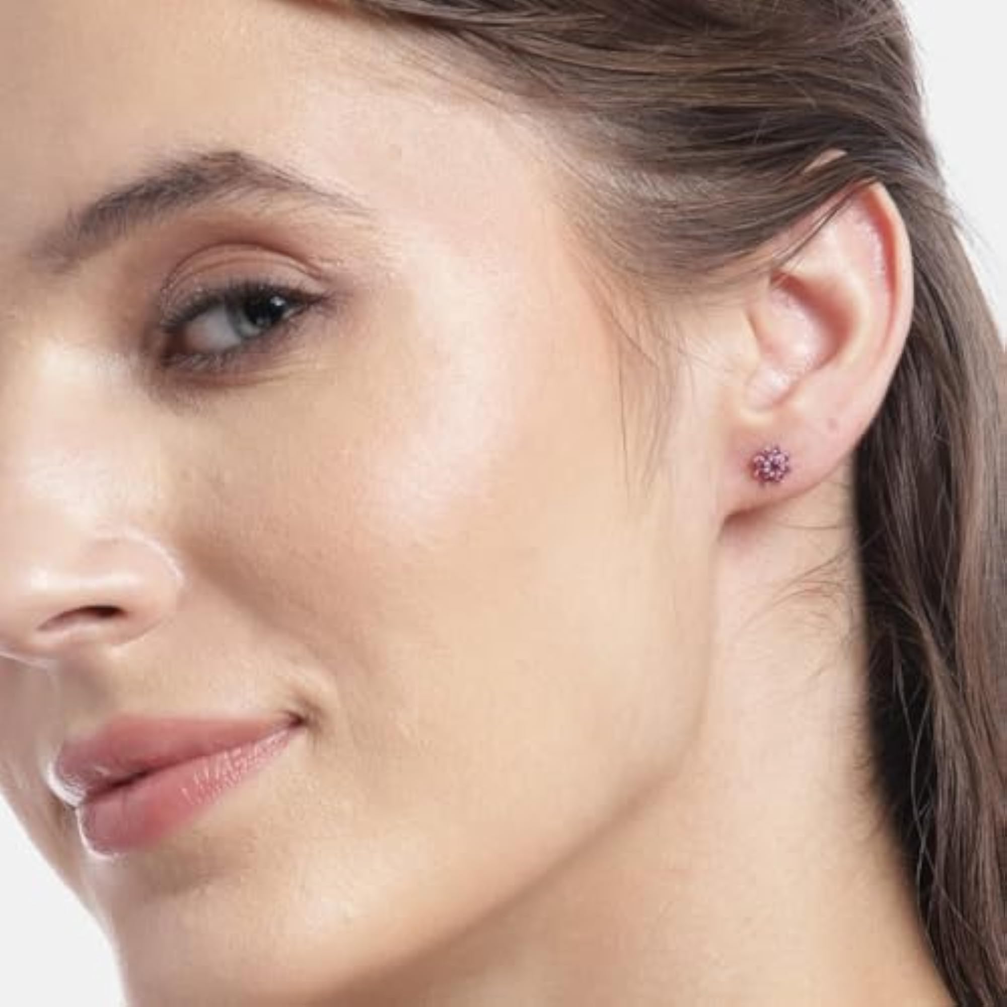 925 Silver Pink CZ Floral Stud Earrings with Hallmark