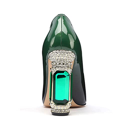 Image of JANSEVEN Women Chunky Heels Pumps Crystal Block Heels with Rhinestones Pointed Toe Sexy Gradient Patent Leather Slip on Bridal Party Wedding Dress Shoes 5-13 M US