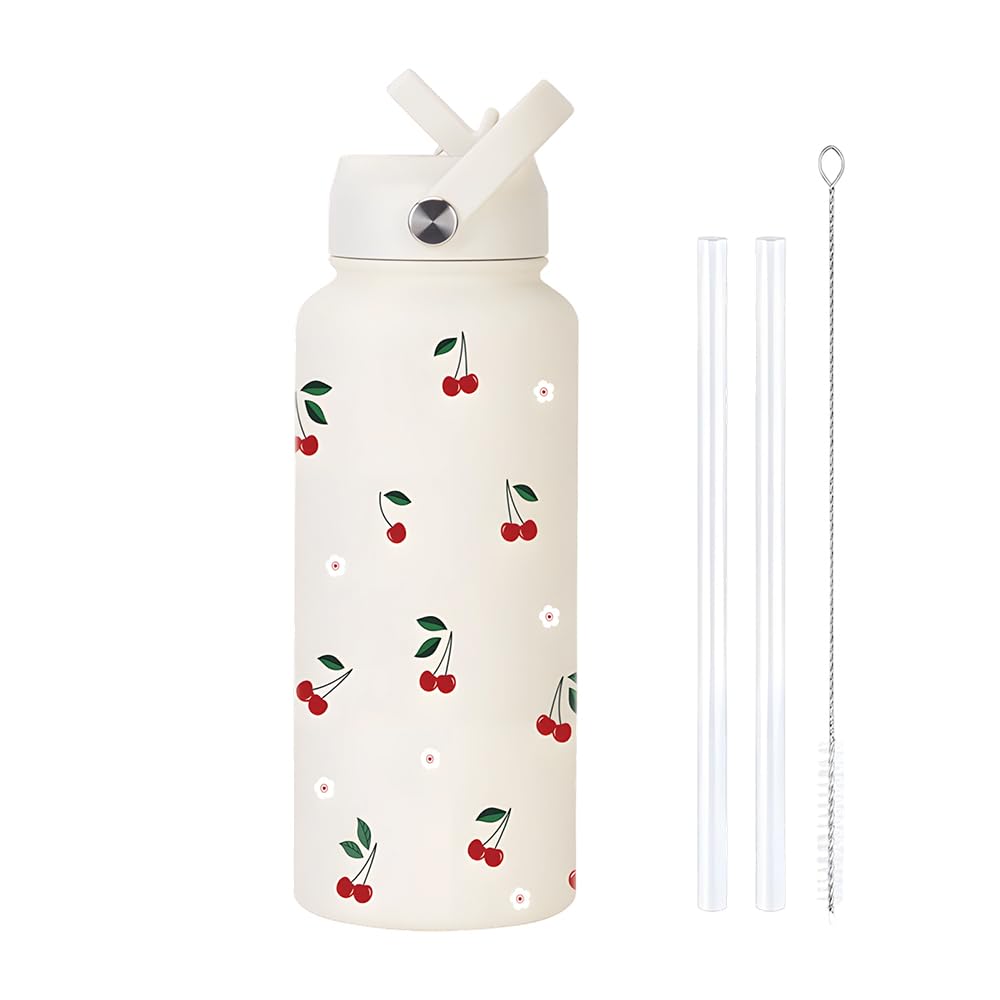 JOAASU Insulated Water Bottle, 800ml/27oz Stainless Steel Water Bottle with Flip Straw and Handle, Leak-Proof Vacuum Insulated Bottles with Cherry Pattern for School, Office, Travel, Gym