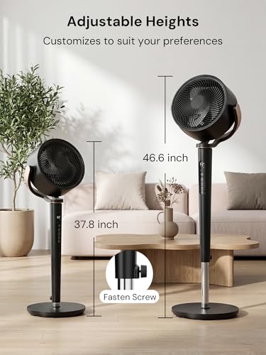 Image of Uthfy 38-46 inch Oscillating Fan for Bedroom, 120+120 Full-Automatic Oscillation, Height Adjustable, 120FT, DC Motor Quiet Standing Fan wit Remote, 16 Speeds, 4 Modes, 12H Timer, Black
