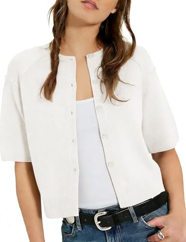 AMEBELLE Cropped Cardigan for Women Short Sleeve Ribbed Knit Button Up Shirt Lightweight Crewneck Casual Sweaters Tops (2668-Apricot-L)