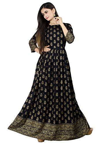 Chandrakala Gold Foil Printed Long Kurti for Women Rayon Indian Anarkali Tunic Top Kurta,Large (K169BLA3)