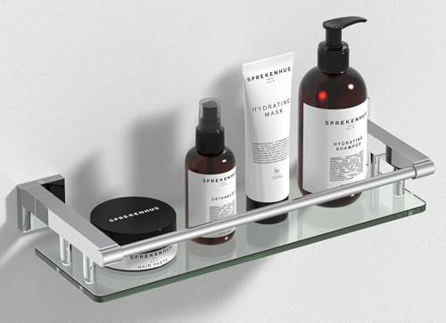 SFGSOWOR Glass Shelves for Wall, Chrome Stainless Steel & Tempered Glass Glass Shelf for Bathroom, Shelf Sink Over Toilet Bathroom Organizer (16-inch, Polished)
