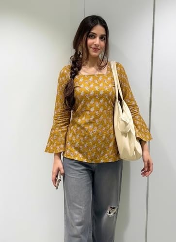 Image of ANNI Designer Women's Viscose Blend Printed Short Kurti | Straight Fit Casual Ethnic Top | Square Neck Full Sleeve Kurta Office College