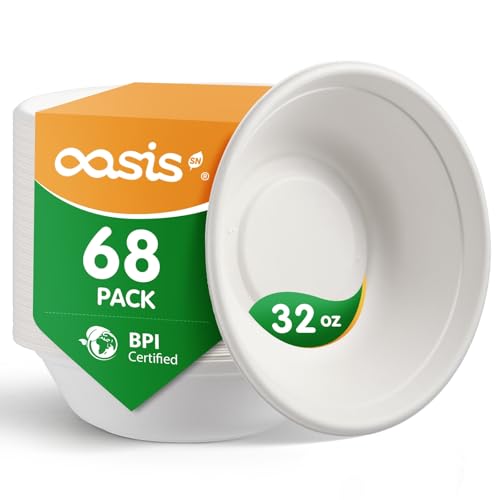 OasisSN 32 oz 68-Pack Large Compostable Paper Bowls Disposable Meal Prep & Takeout Bowls Heavy-Duty Bagasse Bowls for Ramen Salad & Large Portions Microwave & Freezer Safe Eco-Friendly (White)