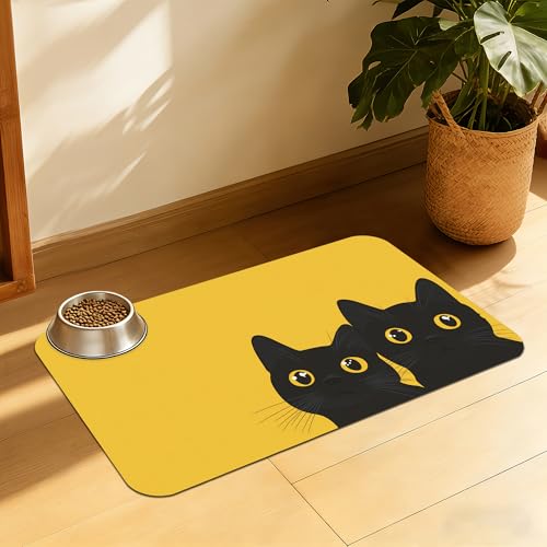 Cute Black Cat Peeking Pet Bowl Mat, Absorbent Placemat for Food and Water, Waterproof Non-Slip Rubber Base – 12x20 Inch