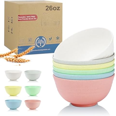 26 oz Wheat Straw Bowls Set of 6,Microwave & Dishwasher Safe Cereal Bowls for Kitchen,Lightweight Kids Bowls for Soup,Salad,Fruit,Snack and Oatmeal-Sweet Series Cover