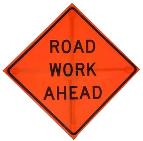 OrangeGear™ 36” x 36” MUTCD TTC Compliant Safety Orange Mesh Temporary Traffic Control Rollup Sign with Orange Fiberglass Roll-up Sign Cross Ribs For 36" Sign (ROAD WORK AHEAD) Sign Only (Stand Sold Separately)